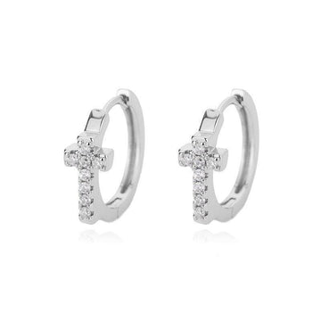 CZ Zircon Crystals Cross Hoop Stainless Steel Small Geometric Round Earrings For Women - Religious Jewellery - The Jewellery Supermarket